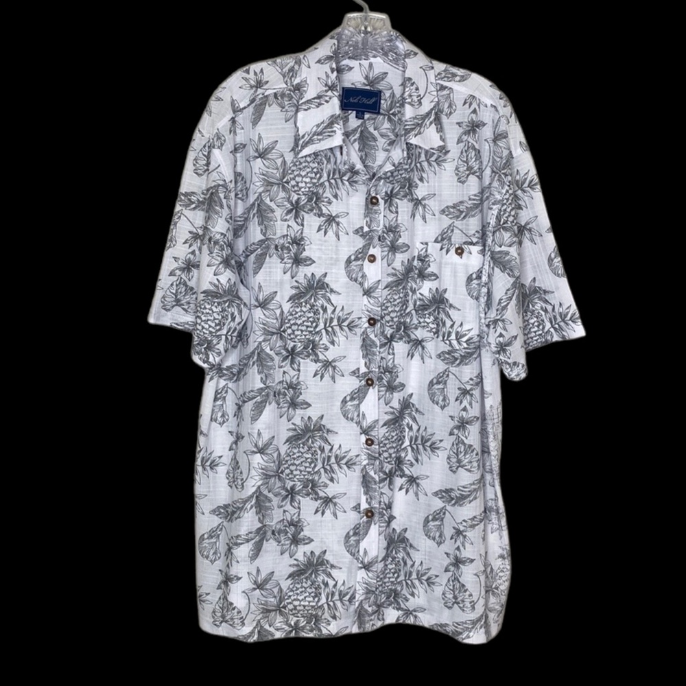 Nob Hill Cotton Short Sleeve Button Up Black/White Hawaiian Beach Summer Shirt L